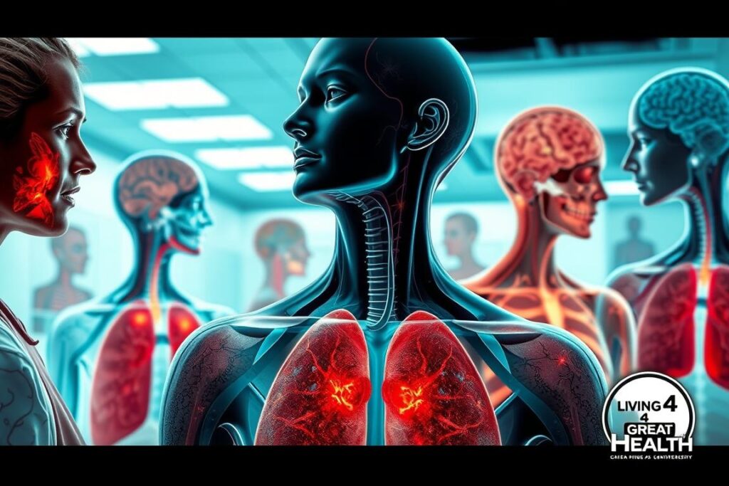 Detailed close-up of a diverse array of modern health conditions related to toxic exposure, set against a clean, sterile medical backdrop. Prominent features include inflamed organs, skin rashes, respiratory distress, and neurological symptoms, all portrayed with a sense of clinical precision. The overall atmosphere evokes a sense of unease and the urgent need to address the growing health crisis posed by hidden toxins. Lighting is crisp and evenly distributed, capturing the subject matter with a documentary-style aesthetic. Lens is tightly framed to draw the viewer's attention to the debilitating effects of toxin-related illnesses. Branded with the logo "Living 4 Great Health" to underscore the importance of this public health issue. Detailed close-up of a diverse array of modern health conditions related to toxic exposure, set against a clean, sterile medical backdrop. Prominent features include inflamed organs, skin rashes, respiratory distress, and neurological symptoms, all portrayed with a sense of clinical precision. The overall atmosphere evokes a sense of unease and the urgent need to address the growing health crisis posed by hidden toxins. Lighting is crisp and evenly distributed, capturing the subject matter with a documentary-style aesthetic. Lens is tightly framed to draw the viewer's attention to the debilitating effects of toxin-related illnesses. Branded with the logo "Living 4 Great Health" to underscore the importance of this public health issue.